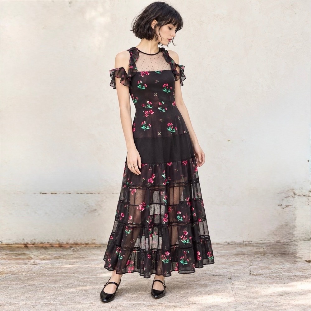Express Maxi Dress Floral Black Red Sheer Mesh Ruffle Whimsigoth Fairy Grunge 2